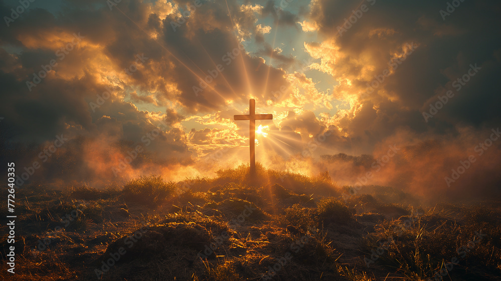 The cross standing on meadow sunset and flare background. Cross on a hill as the morning sun comes up for the day. The cross symbol for Jesus Christ. Easter background concept   Generative AI