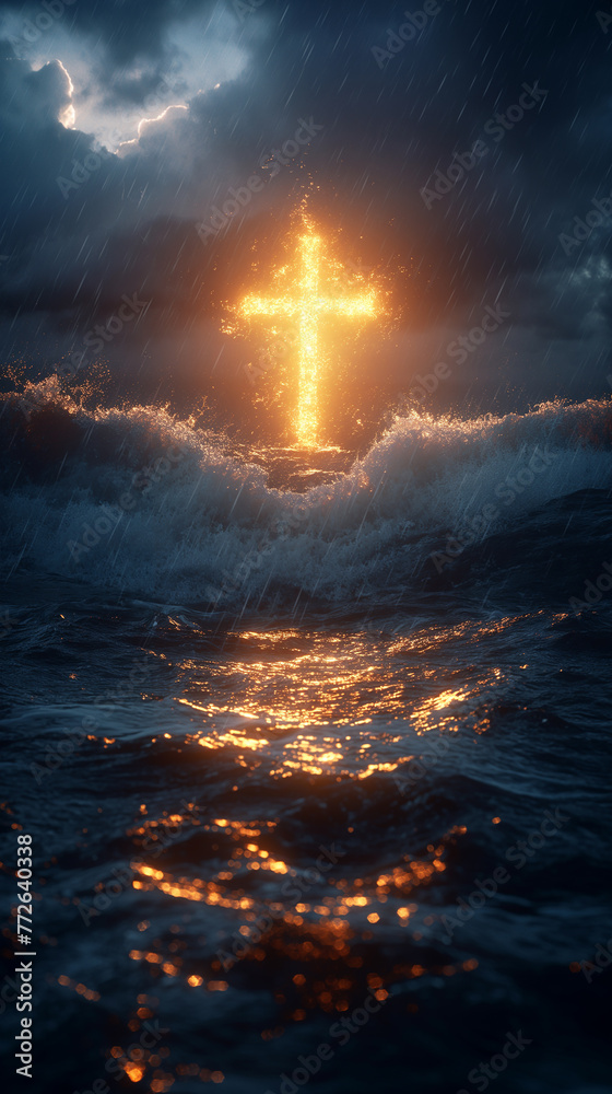 The cross standing on sea and flare background. Cross on a sea as the morning sun comes up for the day. The cross symbol for Jesus Christ. Easter background concept and The crosses sign. Generative AI