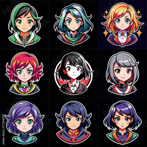 Girl portraits cartoon  set. Avatar collection. Colorful funny young beautiful women. Art illustration set. Girl cute anime face. Anime japanese cosplay. Icon set vector illustration.
