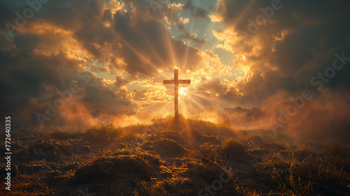 The cross standing on meadow sunset and flare background. Cross on a hill as the morning sun comes up for the day. The cross symbol for Jesus Christ. Easter background concept   Generative AI #772640335