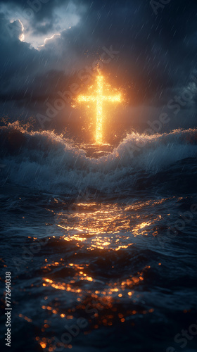 The cross standing on sea and flare background. Cross on a sea as the morning sun comes up for the day. The cross symbol for Jesus Christ. Easter background concept and The crosses sign. Generative AI