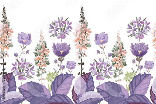 Vector floral seamless pattern, border. Lilac, violet, peach color flowers