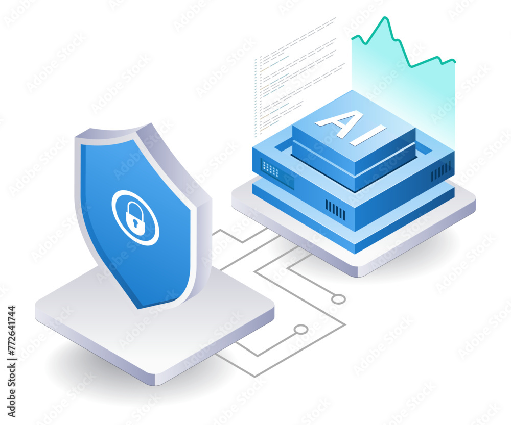 Data security with artificial intelligence technology, flat isometric 3d illustration Data security with artificial intelligence technology, flat isometric 3d illustration