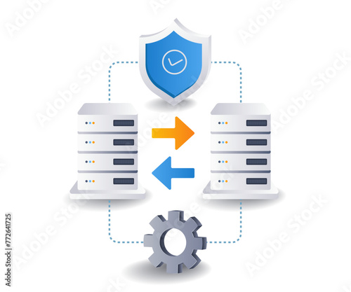 Data transfer security between servers concept, flat isometric 3d illustration