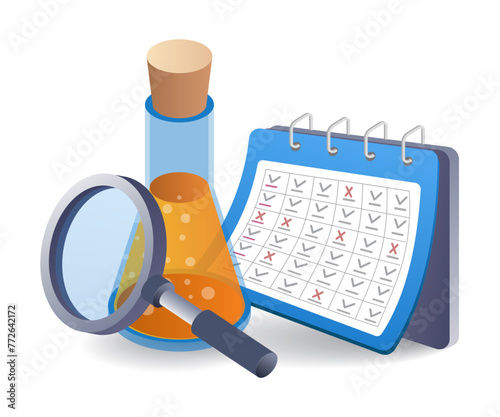 Check mark of laboratory experiment results flat isometric 3d illustration