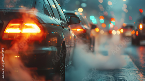 A car stuck in traffic with visible exhaust fumes, Rising Levels Of Air Pollution, Environmental Impact Of Traffic, Generative Ai 
