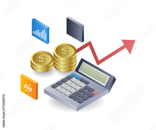 Calculating business income results flat isometric 3d illustration