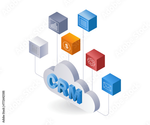 Business with crm system flat isometric 3d illustration