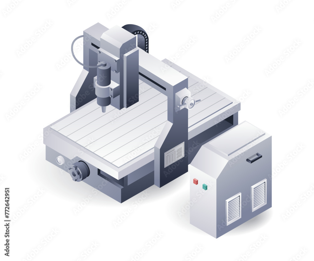 Automatic cutting cnc lathe machine, isometric plate 3d illustration - obrazy, fototapety, plakaty 