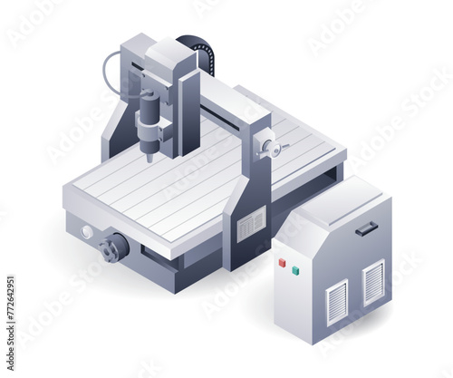 Automatic cutting cnc lathe machine, isometric plate 3d illustration