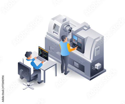 Automatic cnc machine operator, flat isometric 3d illustration