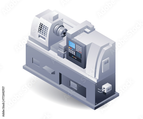 Automatic cnc lathe machine, flat isometric 3d illustration