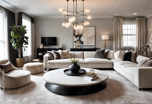 Sleek contemporary lounge with white furniture and hanging light fixture, Minimalist white-themed living space with stylish chandelier, Elegant modern living room with white furnishings.
