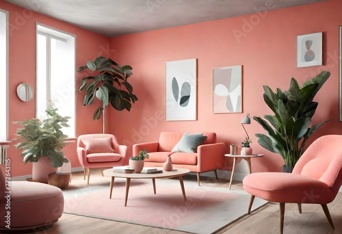 Tranquil pink living space with cozy furnishings  Chic pink-themed lounge with modern furniture  Elegant living room interior with soft pink d  cor.