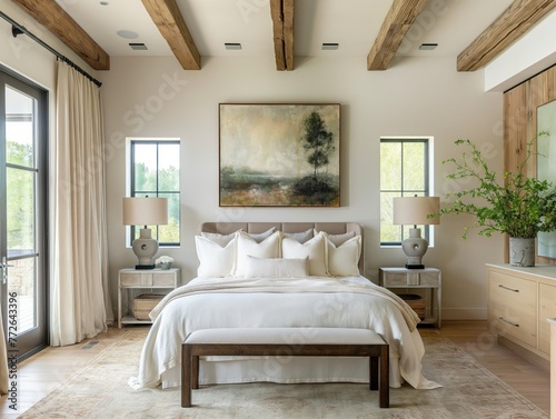Modern Farmhouse Bedroom with Large Painting Above Bed
