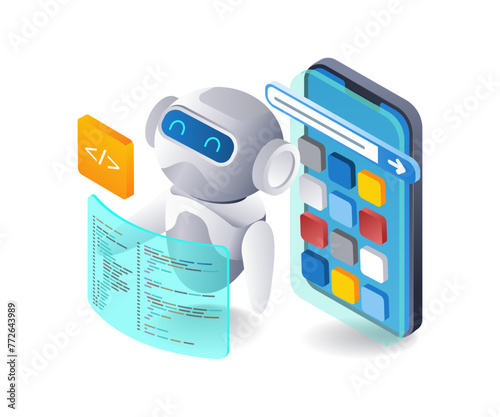 AI robot builds smartphone application web, flat isometric 3d illustration