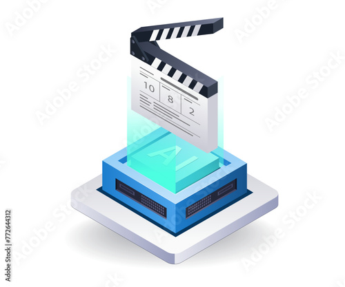 Artificial intelligence creates movie content, flat isometric 3d illustration