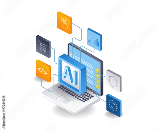 Artificial intelligence controls all computer applications, flat isometric 3d illustration