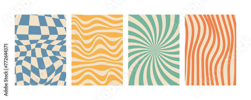 Twisted and distorted backgrounds set in 70s style. Retro psychedelic hippie texture.