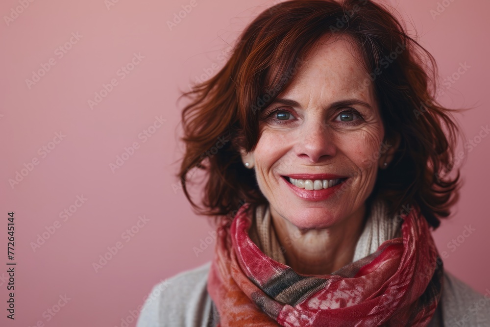 Portrait of smiling senior woman with red scarf on pink background. Portrait of smiling senior woman with red scarf on pink background.