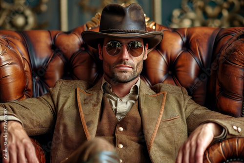 Confident man wearing sunglasses sitting in a leather chair, cool confident adventurer listening to the client, relaxed attitude seated in a stylish hat and jacket photo