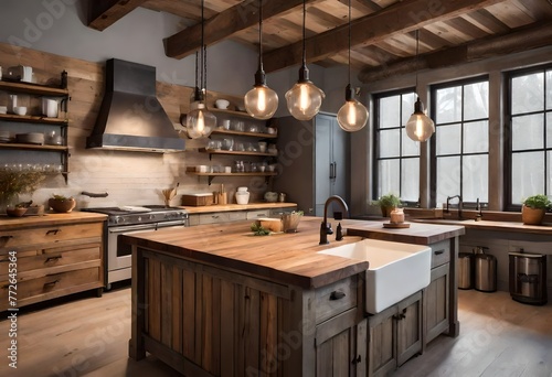 Traditional kitchen featuring wooden beams and countertops  Warm and inviting kitchen with natural wood elements  Cozy kitchen with wooden beams and rustic charm.