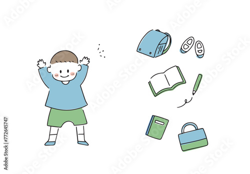 男の子と学用品のイラストセット