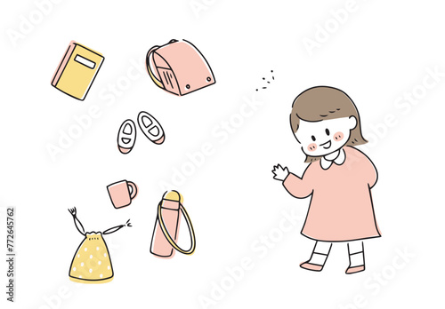 女の子と学用品のイラストセット