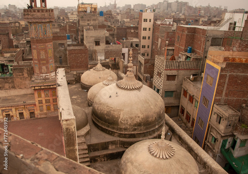 Historical place mosque Wazir Khan Lahore Pakistan top aerial view, walled city of Lahore Pakistan photo