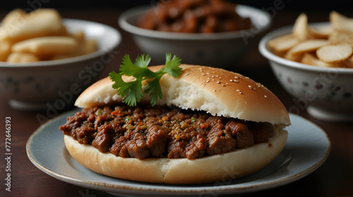 Rougamo or roujiamo Chinese hamburger a plate of Chinese meat sandwich rougamo with spicy lamb meat fillings Shaanxi China.generative.ai