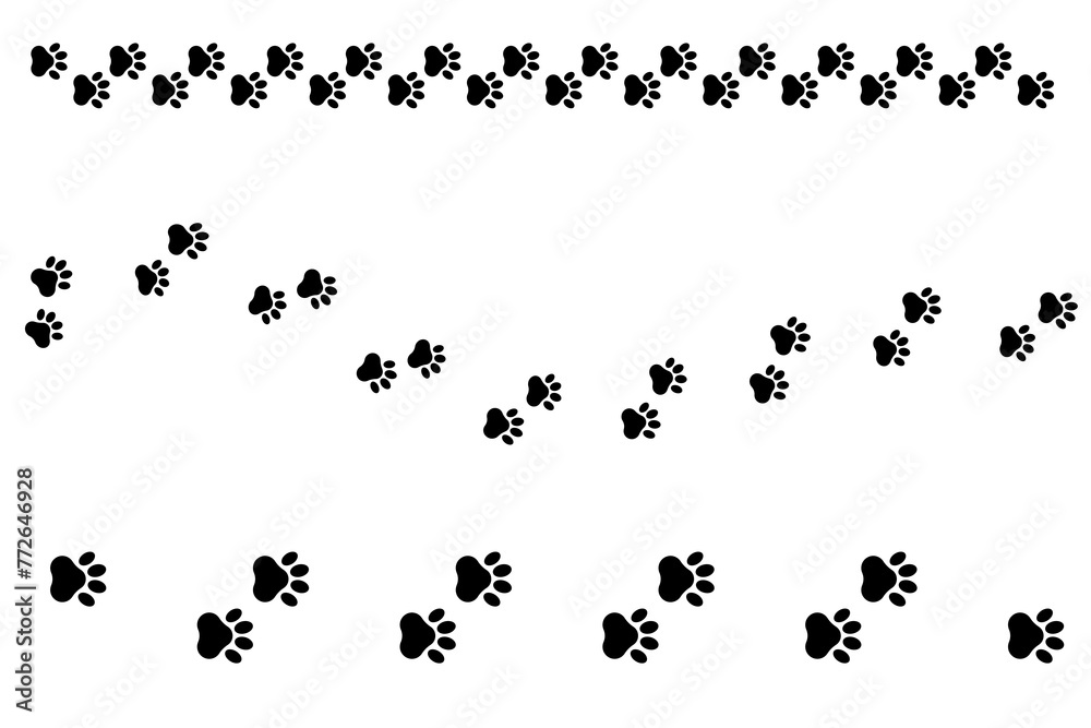 Animal paw prints pattern. Black footprint trail. Pet walking path. Vector illustration. EPS 10.