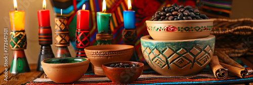 Colorful Depiction of Traditional Kwanzaa Crafts including Earthenware, Mkeka Mat, and Kinara photo