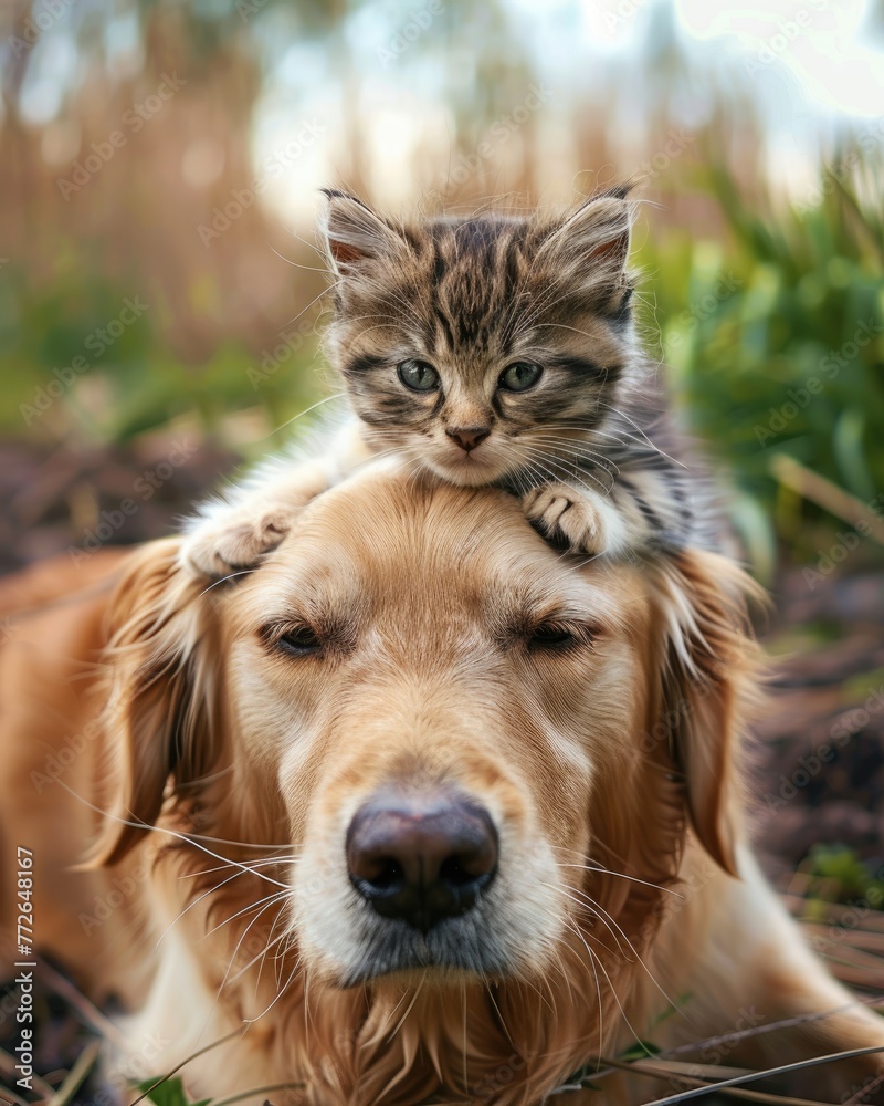 small young cute baby cat lies on the head of a Golden Retriever in the garden, best friends, illustration made with generative AI small young cute baby cat lies on the head of a Golden Retriever in the garden, best friends, illustration made with generative AI