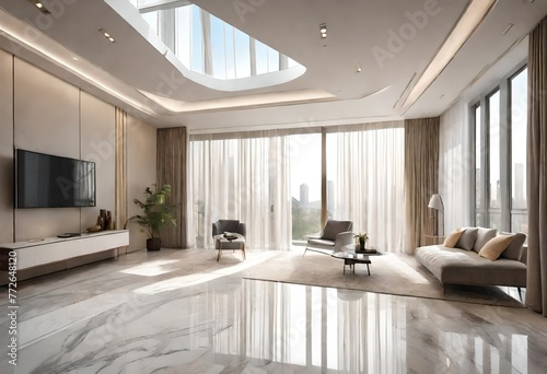 Modern lounge area with a chic touch of marble flooring and a bright skylight  Stylish living space with sleek marble floors and a ceiling skylight bringing in sunlight.