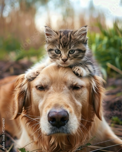 small young cute baby cat lies on the head of a Golden Retriever in the garden, best friends, illustration made with generative AI