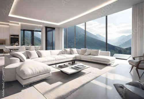 White-themed room offers breathtaking mountain scenery, Tranquil living space with panoramic mountain views, Serene white living room overlooking majestic mountains.