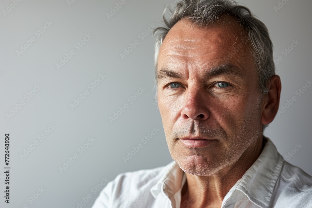 Portrait of a senior man with grey hair and white shirt.