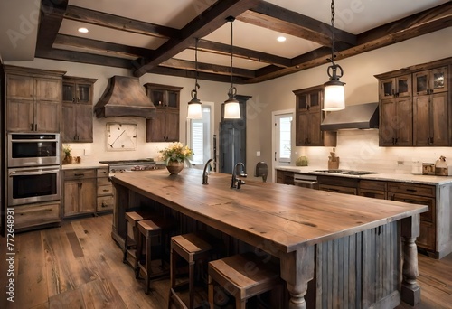 Warm and inviting kitchen with wooden elements, Rustic kitchen design with wooden features, Cozy kitchen with wooden cabinets and island.