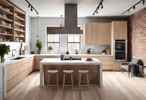 Contemporary kitchen design with rustic elements of wood and brick, Stylish kitchen interior featuring wood floors and brick accents, Warm and inviting kitchen with wood floors and brick walls.