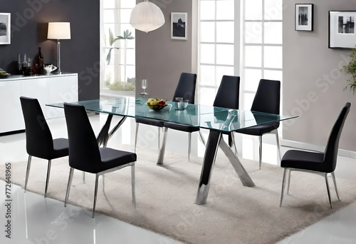 Elegant dining ensemble featuring glass table and black seating, Glass dining table complemented by chic black chairs, Sleek glass dining table surrounded by black chairs. © Johnny Sins