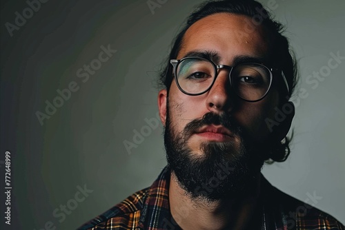 Portrait of a handsome young man with a beard and glasses.