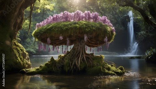 3D photo of an art piece floating in the air. The big rock with magic flowers and mushrooms, moss, wisteria, is tied to the roots of a banyan river. Taken on a Medium Format Camera with ambient lighti photo