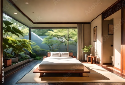 Peaceful retreat with a simple bed and paper window panels in a Japanese-inspired room, Elegant tatami bedroom with a low platform bed and a view of the garden, Serene Japanese bedroom.