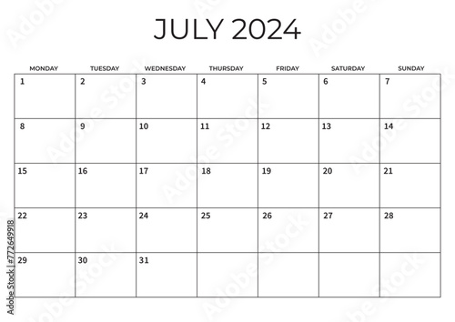 Monthly Planner July 2024. Calendar JULY 2024. Week starts on Monday. Blank Calendar Template. Vector illustration