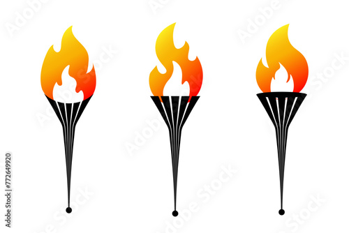 Set of three unique Olympic torches with flames. Symbols of the Olympic games isolated on a transparent background. Vector illustration