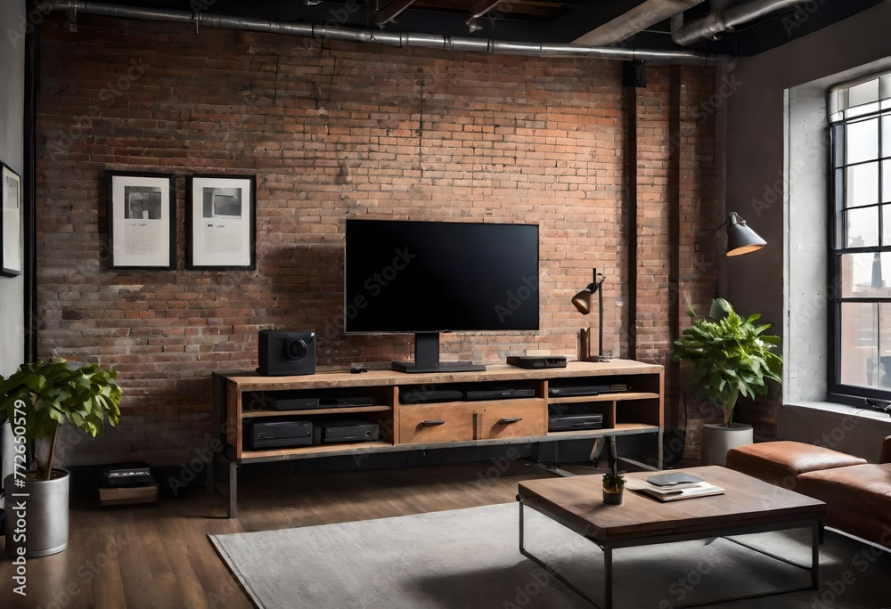 Stylish décor featuring brick wall and TV, Modern interior with brick ...