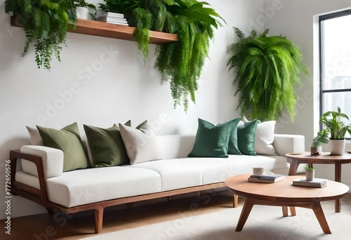 Freshen up your living room with beautiful green plants on the wall, Green foliage enhances the serene ambiance of a modern living space, Vibrant green plants bring life to a stylish living room.