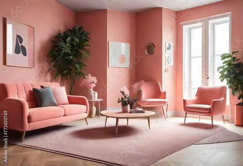 Chic pink-themed lounge with modern furniture  Tranquil pink living space with cozy furnishings  Elegant living room interior with soft pink d  cor.