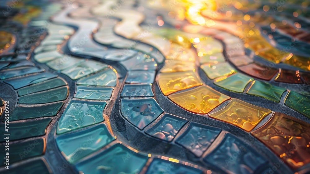Obraz premium Pioneering pathways: Follow the intricate pattern of renewable energy tiles as they map out innovative routes for entrepreneurial success.
