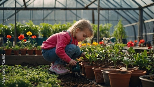 Little girl watering, taking care of plants in greenhouse, during first spring days